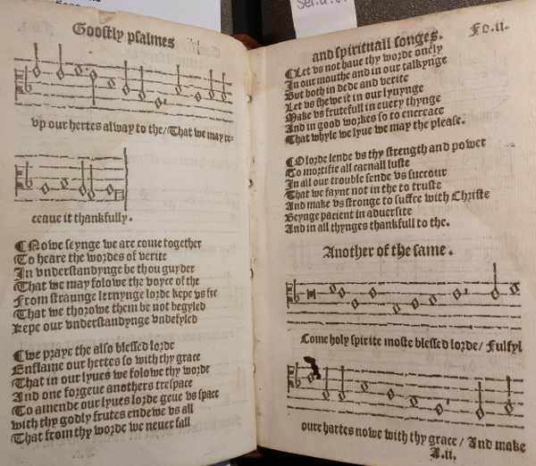 Goostly psalmes and spirituall
                songes drawen out of the holy Scripture, for
                the comforte and consolacyon of soch as
                loue to reioyse in God and his Worde (The
                Queen’s College Library, shelf mark
                Sel.d.81(4))
                