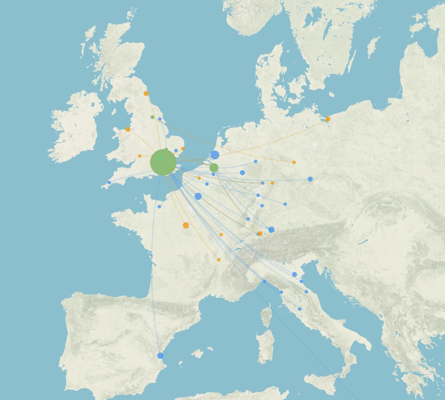 a map showing places of birth of authors and translators, and place of publication of their works